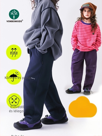 Gyerekeknek szóló softshell nadrág fleece béléssel, dupla rétegű, háromvédelmi, nylon anyag, magas derekú, uniszex, télre, őszre és tavaszra