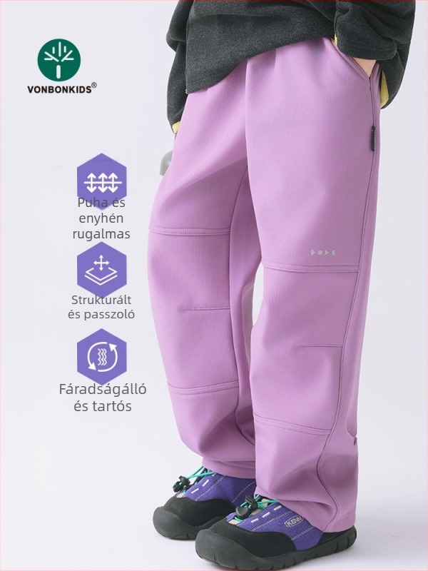 Gyerekeknek szóló softshell nadrág fleece béléssel, dupla rétegű, háromvédelmi, nylon anyag, magas derekú, uniszex, télre, őszre és tavaszra