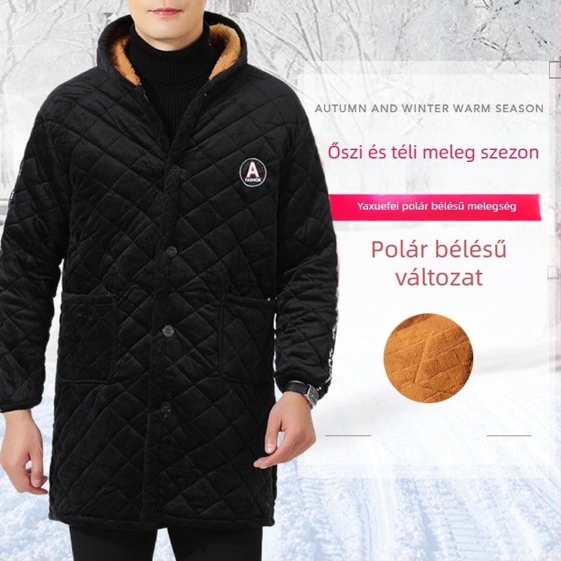 Yaxuefei vastag kamuflázs pamut-párnázott kabát cipzárral, középhosszú, laza szabás, férfiaknak