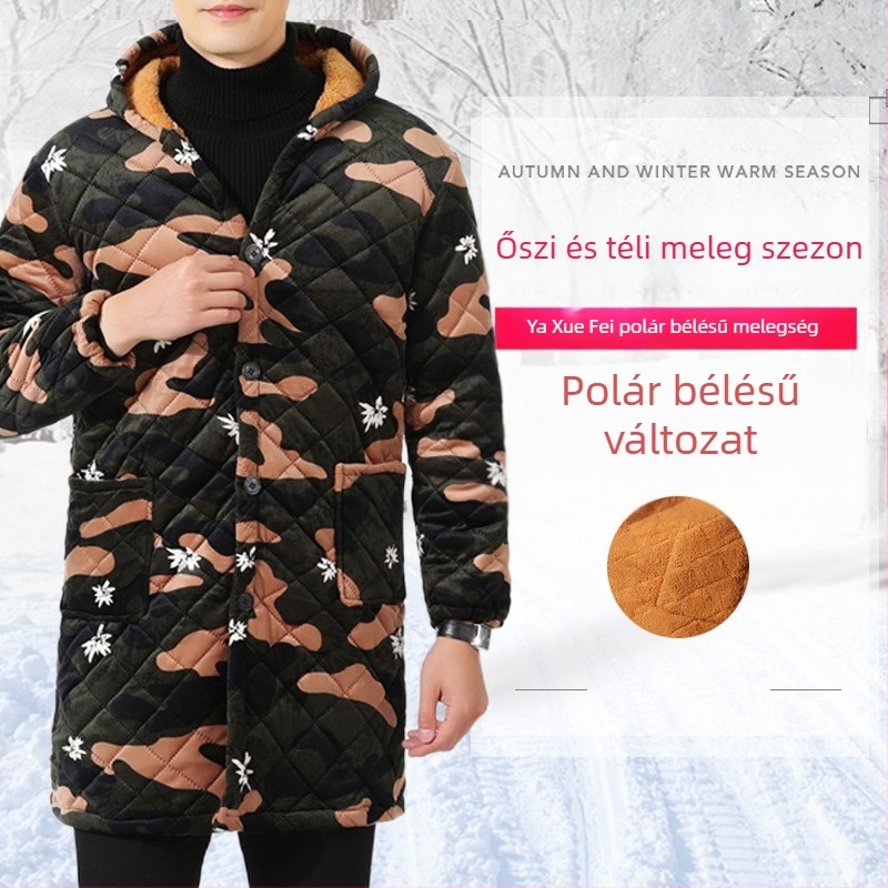 Yaxuefei vastag kamuflázs pamut-párnázott kabát cipzárral, középhosszú, laza szabás, férfiaknak