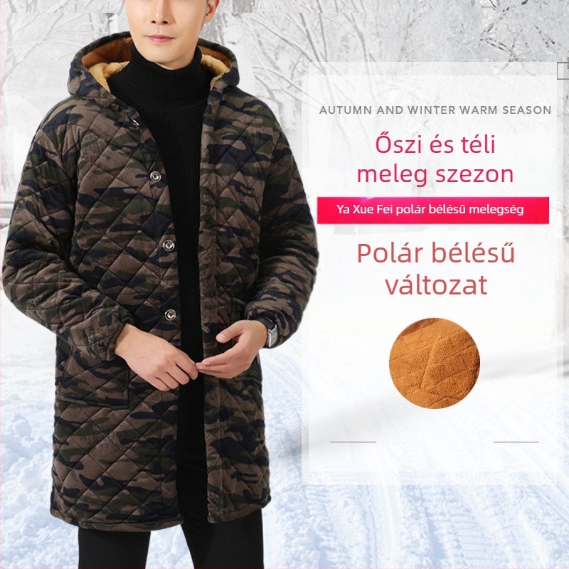 Yaxuefei vastag kamuflázs pamut-párnázott kabát cipzárral, középhosszú, laza szabás, férfiaknak