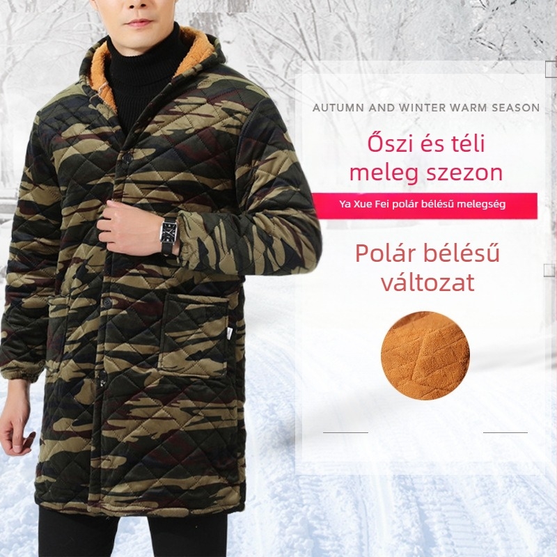 Yaxuefei vastag kamuflázs pamut-párnázott kabát cipzárral, középhosszú, laza szabás, férfiaknak