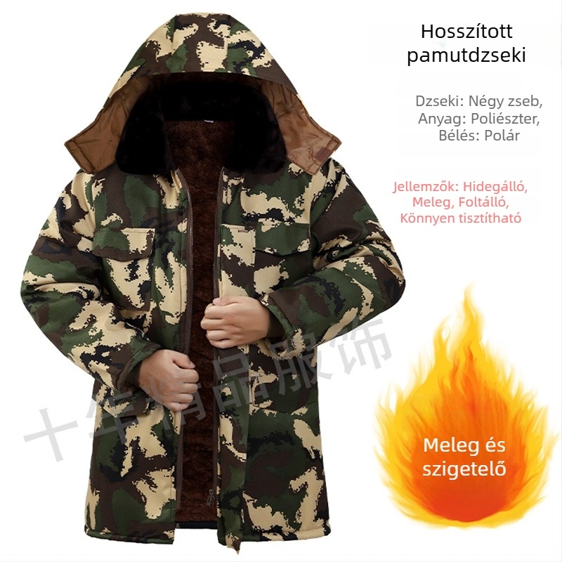 Téli férfi pamut töltött munkaruha kabát, vastag és fleece belsővel, strapabíró kamuflázs mintázatú
