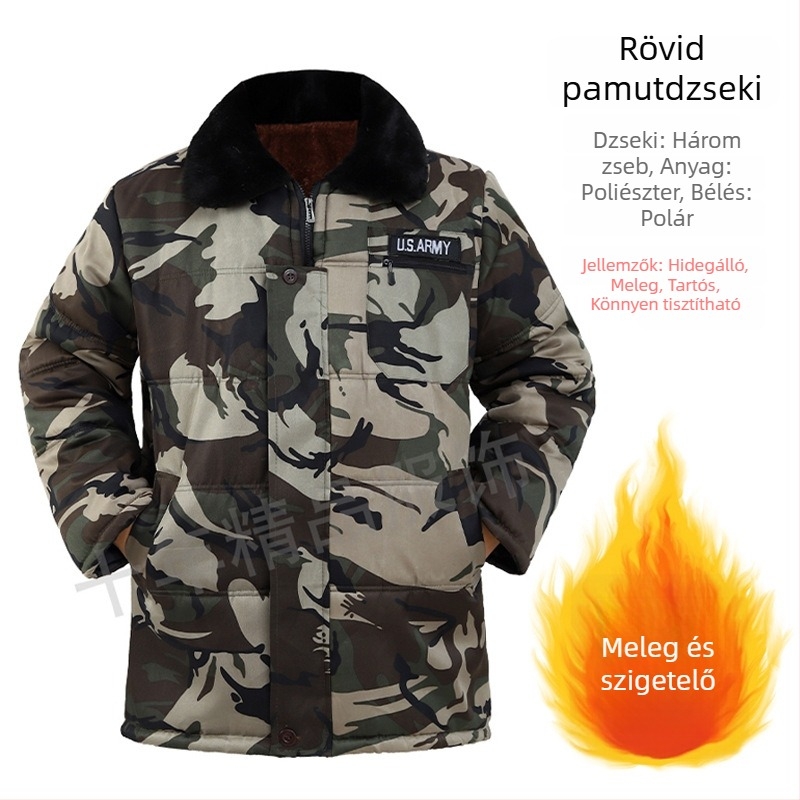 Téli férfi pamut töltött munkaruha kabát, vastag és fleece belsővel, strapabíró kamuflázs mintázatú