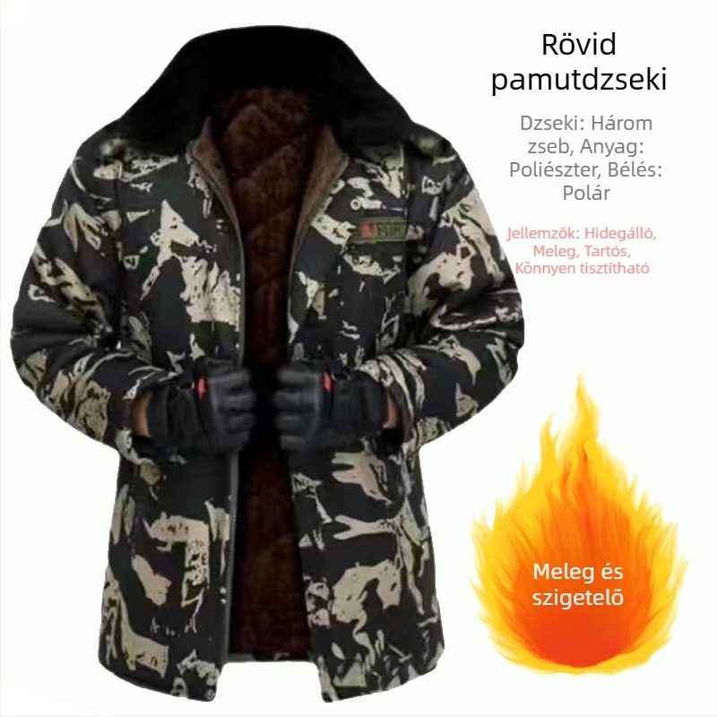Téli férfi pamut töltött munkaruha kabát, vastag és fleece belsővel, strapabíró kamuflázs mintázatú