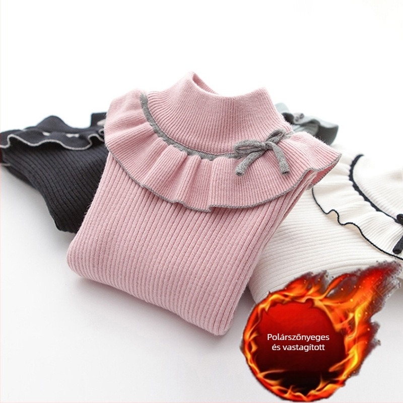 Lányoknak szóló pulóver, édes kötött dizájn, kerek nyakú, fleece-béléssel, 3–8 éveseknek