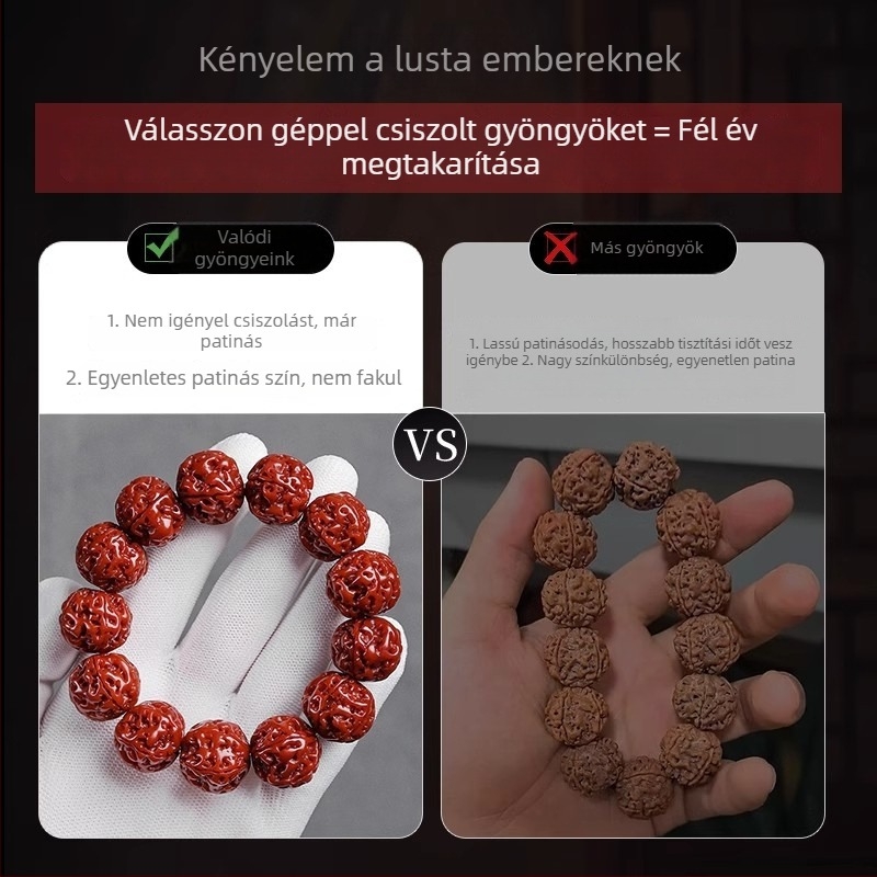Nepáli Rudraksha Bodhi karkötő ötlevelű, gépi polírozott, piros patinával, alacsony karbantartás