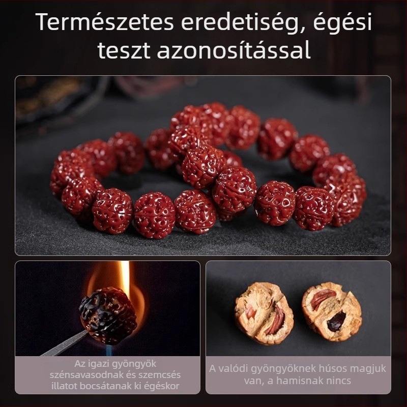 Nepáli Rudraksha Bodhi karkötő ötlevelű, gépi polírozott, piros patinával, alacsony karbantartás