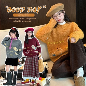 Lányoknak készült kötött pulóver, hosszú ujjú, kerek nyakú, koreai stílus, 75% poliészter, ősz 2025