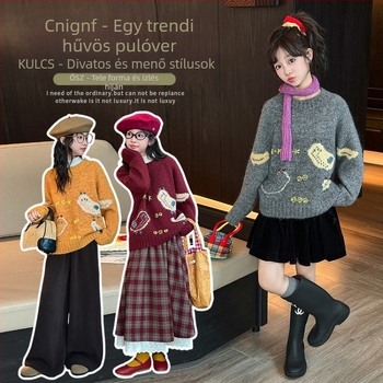 Lányoknak készült kötött pulóver, hosszú ujjú, kerek nyakú, koreai stílus, 75% poliészter, ősz 2025
