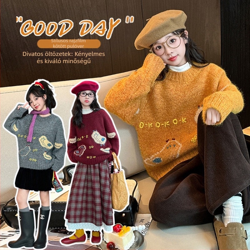 Lányoknak készült kötött pulóver, hosszú ujjú, kerek nyakú, koreai stílus, 75% poliészter, ősz 2025