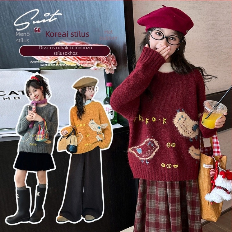 Lányoknak készült kötött pulóver, hosszú ujjú, kerek nyakú, koreai stílus, 75% poliészter, ősz 2025