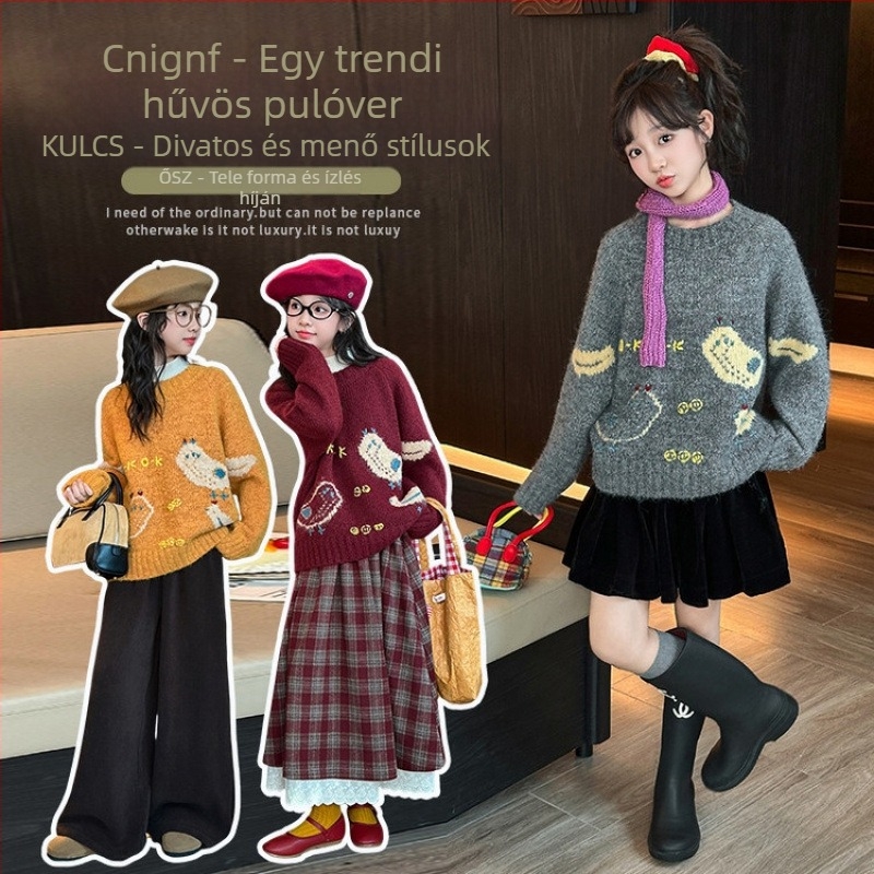 Lányoknak készült kötött pulóver, hosszú ujjú, kerek nyakú, koreai stílus, 75% poliészter, ősz 2025