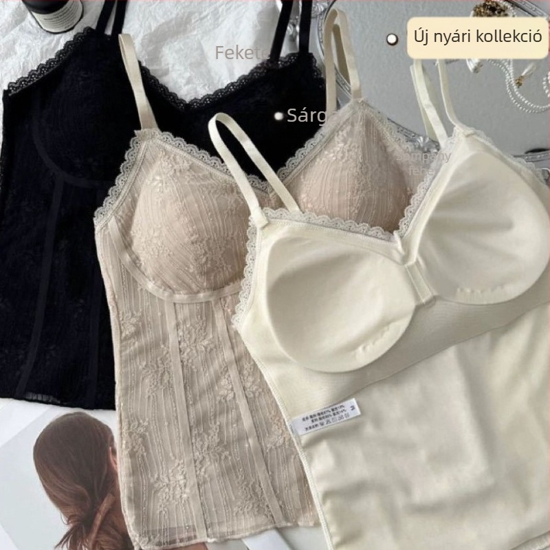 Csipkés camisole nylon anyaggal, beépített melltámaszokkal, V-nyakú, vest-stílusú felső