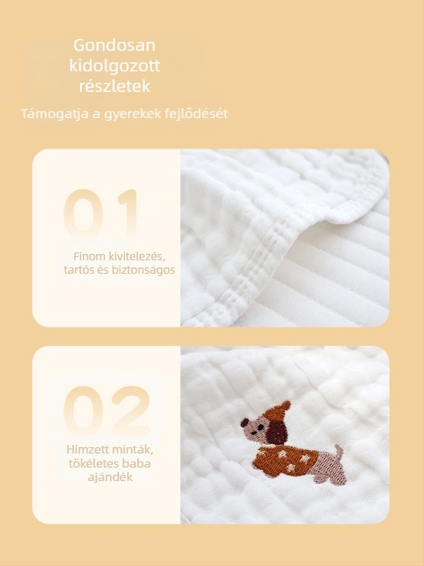 Újszülött nyálkendő, hímzett, hatsz layer géz, légáteresztő pamut, állat mintázat