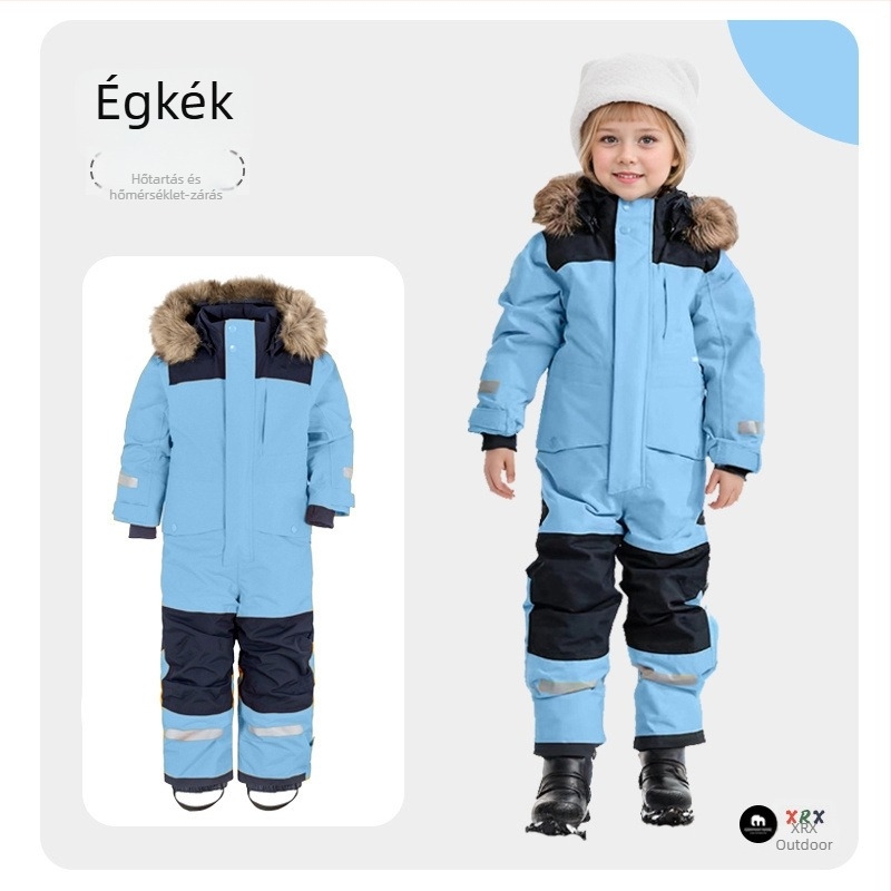 Gyerekeknek szóló egyben síoverál, vastag pamut tömésű, szél- és vízálló, téli szabadtéri használatra