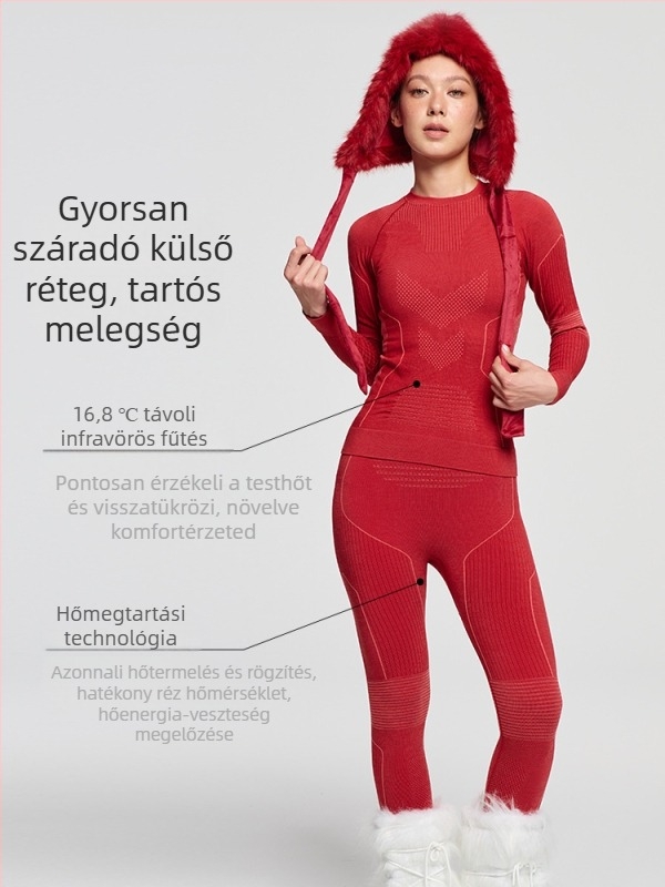 Női gyorsan száradó szett téli–tavaszi–őszi időkre: gyors száradás, szélálló, nedvességelvezetés; anyag: pamut‑gyapjú