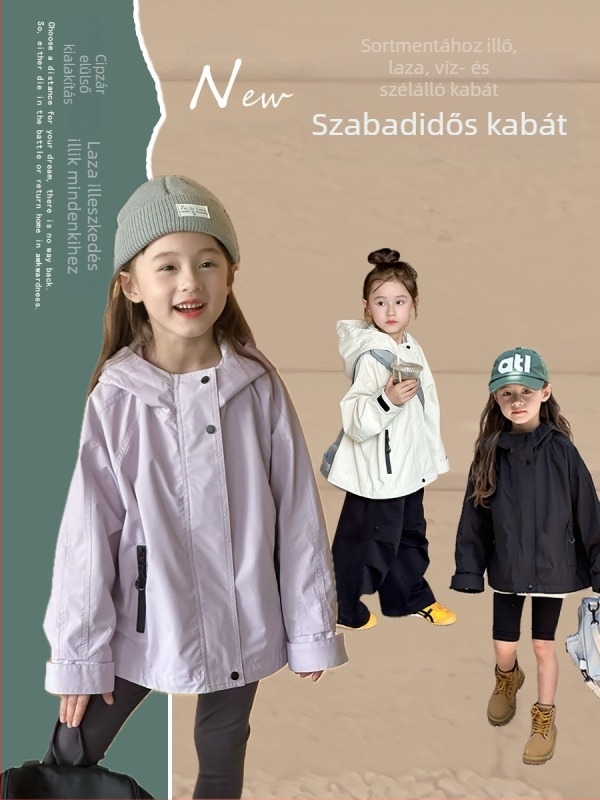 Uniszex gyerek kabát - vízálló és szélvédett, kapucnival, cipzáras zárás, koreai stílusú casual (rövid fazon)
