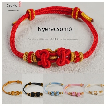 Kézzel kötött karkötő kínai stílusú nyeregcsomóval, Ló éve, férfiak zodiákus éve, páros piros zsinór