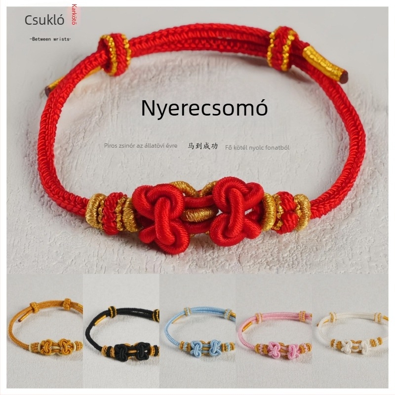 Kézzel kötött karkötő kínai stílusú nyeregcsomóval, Ló éve, férfiak zodiákus éve, páros piros zsinór