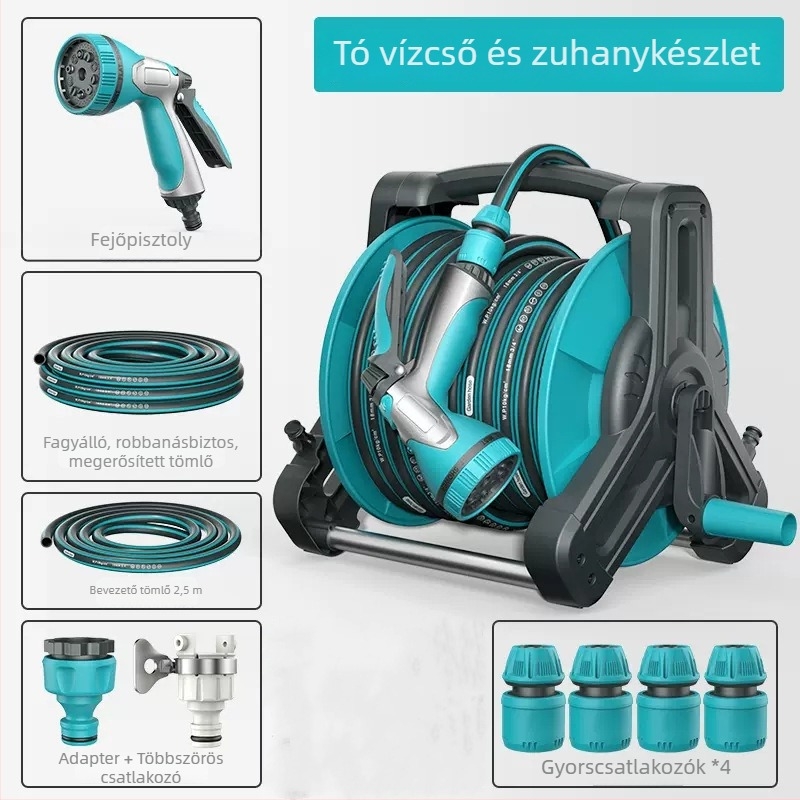 Öntöző tömlőhenger és tároló – műanyag spray fej, víznyomás 7, súly 2.5
