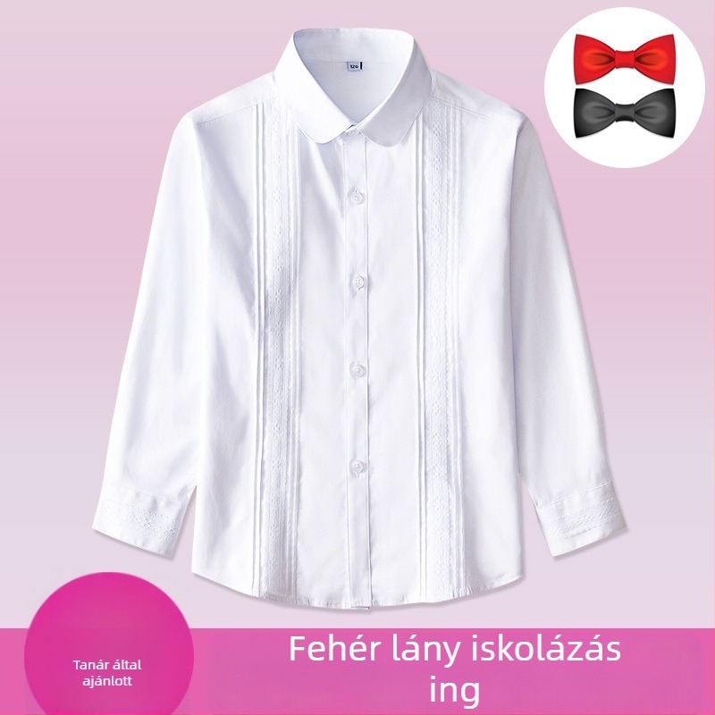 Lányoknak szóló pamut hosszú ujjú ing iskolaegyenruhához, tavasz-ősz, 80% pamut