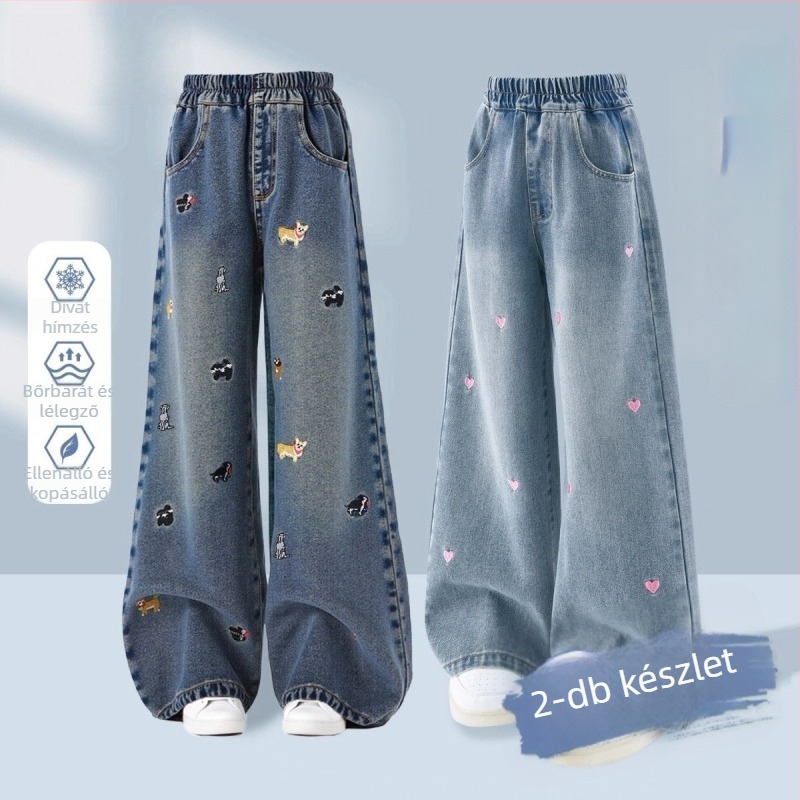 Lányoknak szóló denim széles szárú nadrág fleece-betéttel, elasztikus derékkal, vastag anyag, 1-3 éveseknek