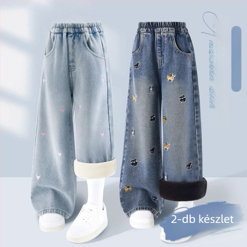 Lányoknak szóló denim széles szárú nadrág fleece-betéttel, elasztikus derékkal, vastag anyag, 1-3 éveseknek