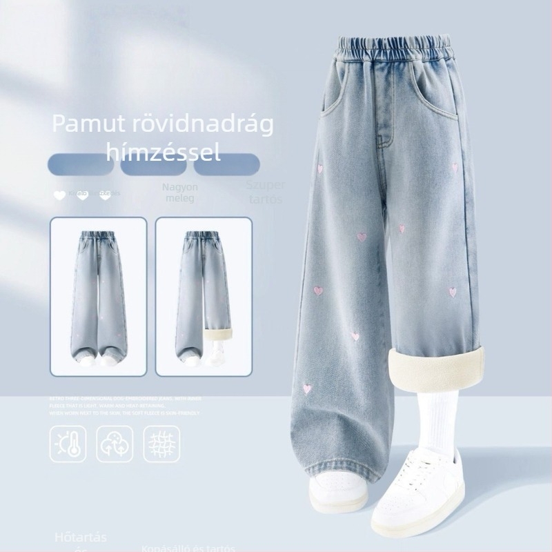 Lányoknak szóló denim széles szárú nadrág fleece-betéttel, elasztikus derékkal, vastag anyag, 1-3 éveseknek