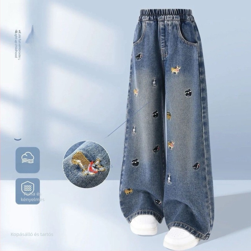 Lányoknak szóló denim széles szárú nadrág fleece-betéttel, elasztikus derékkal, vastag anyag, 1-3 éveseknek