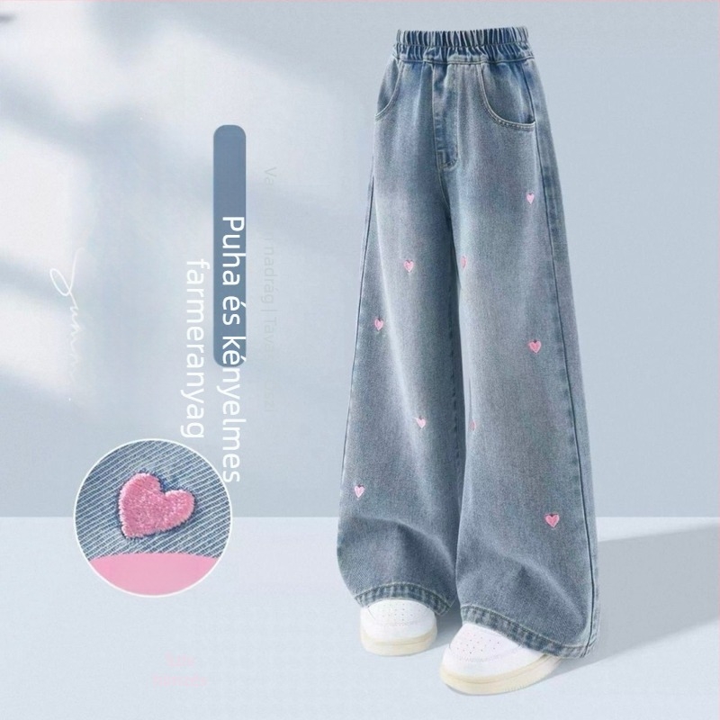 Lányoknak szóló denim széles szárú nadrág fleece-betéttel, elasztikus derékkal, vastag anyag, 1-3 éveseknek