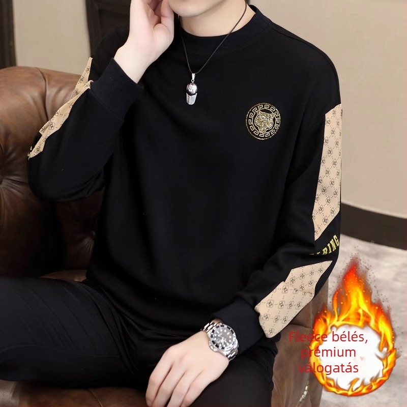 Férfi rhinestone pulóver európai stílusban, laza szabású, hosszú ujjú, fleece-béléssel, kerek nyak