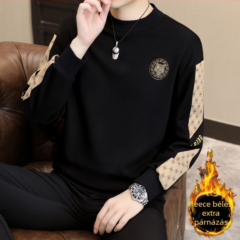 Férfi rhinestone pulóver európai stílusban, laza szabású, hosszú ujjú, fleece-béléssel, kerek nyak