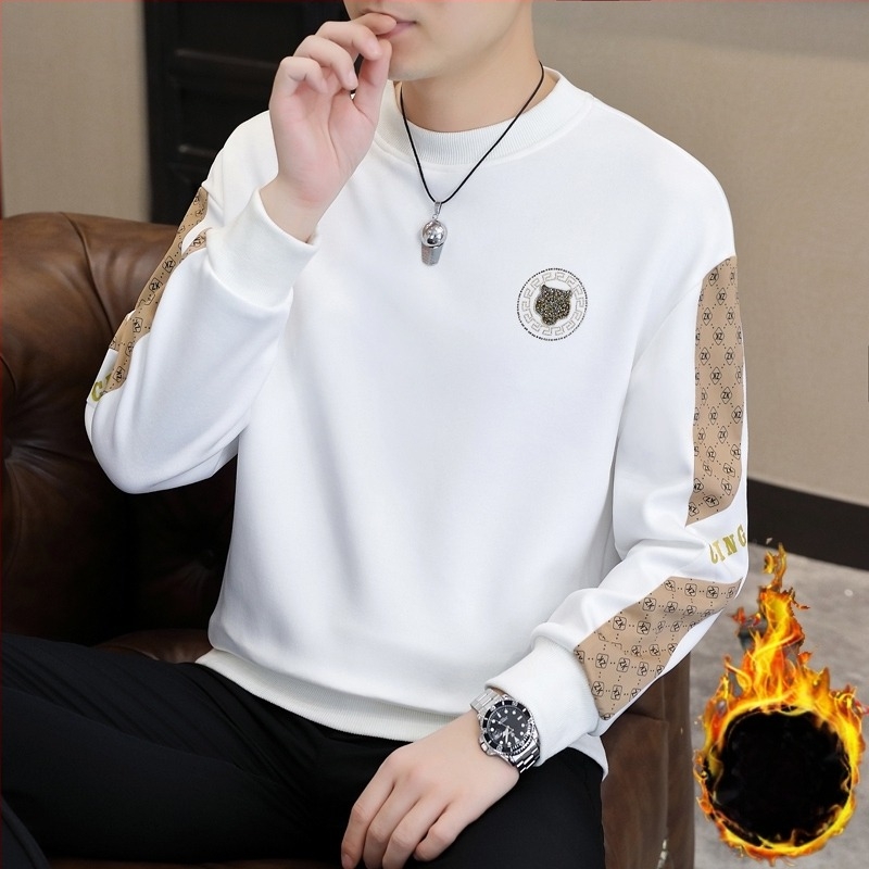 Férfi rhinestone pulóver európai stílusban, laza szabású, hosszú ujjú, fleece-béléssel, kerek nyak