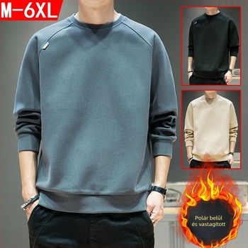 Férfi fleece-béléssel ellátott pulóver-sweatshirt, hosszú ujjú, kerek nyakú, laza szabású, poliészter, koreai stílus