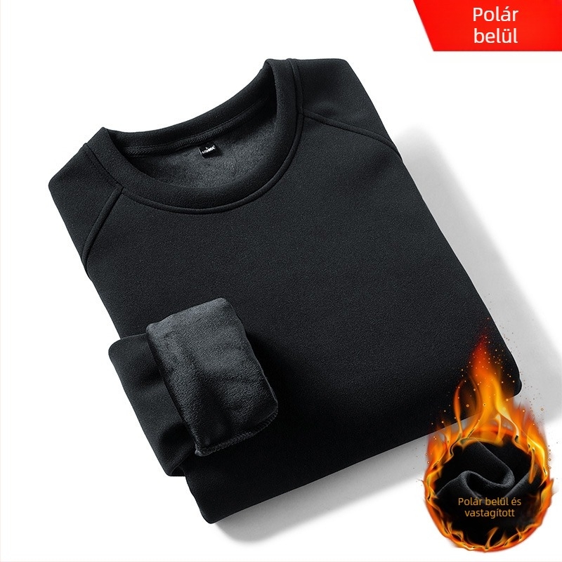 Férfi fleece-béléssel ellátott pulóver-sweatshirt, hosszú ujjú, kerek nyakú, laza szabású, poliészter, koreai stílus