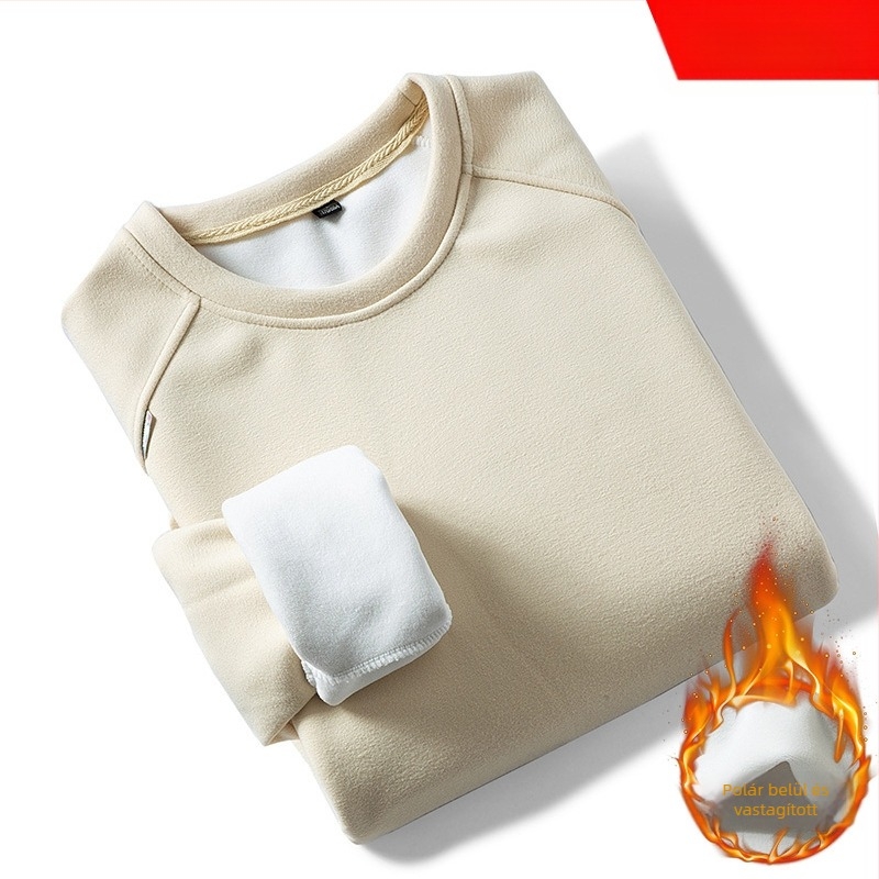 Férfi fleece-béléssel ellátott pulóver-sweatshirt, hosszú ujjú, kerek nyakú, laza szabású, poliészter, koreai stílus