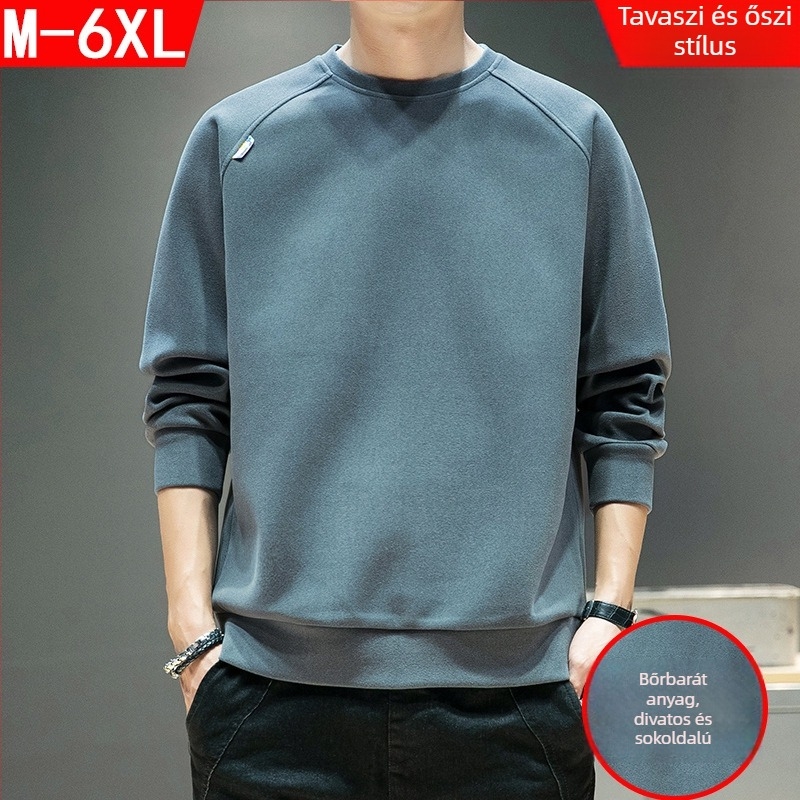 Férfi fleece-béléssel ellátott pulóver-sweatshirt, hosszú ujjú, kerek nyakú, laza szabású, poliészter, koreai stílus