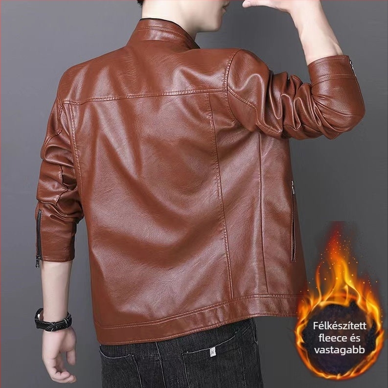 Férfi PU bőrdzseki, kapucnival, slim fit, cipzárral, mindennapi viselet