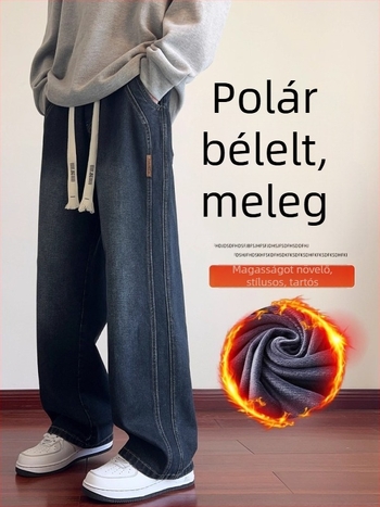 Férfi farmernadrág fleece bélésével téli változatban, laza egyenes szabás, mindennapi nadrág az amerikai high street stílusban