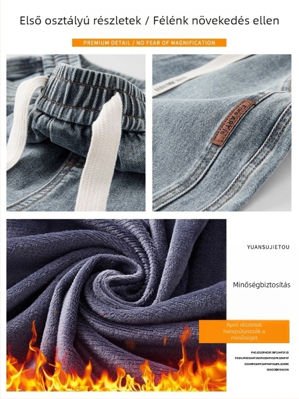 Férfi farmernadrág fleece bélésével téli változatban, laza egyenes szabás, mindennapi nadrág az amerikai high street stílusban