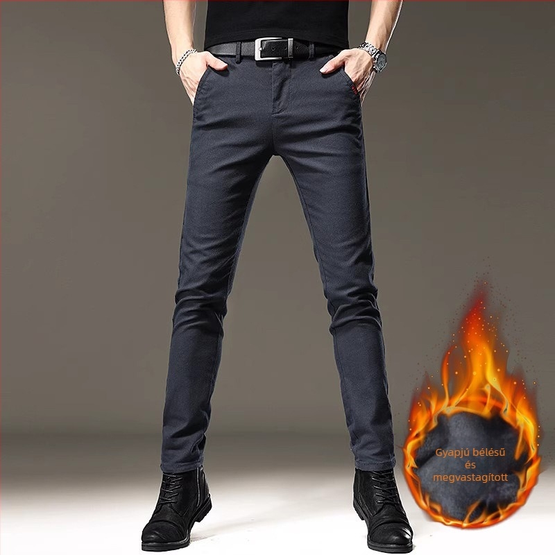Férfiaknak szóló fekete téli farmer fleece-béléssel, rugalmas, kiváló minőségű, üzleti-casual slim-fit fazon