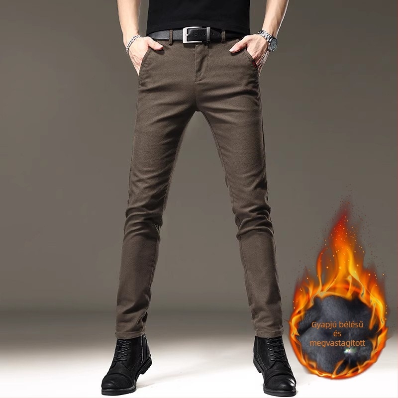 Férfiaknak szóló fekete téli farmer fleece-béléssel, rugalmas, kiváló minőségű, üzleti-casual slim-fit fazon