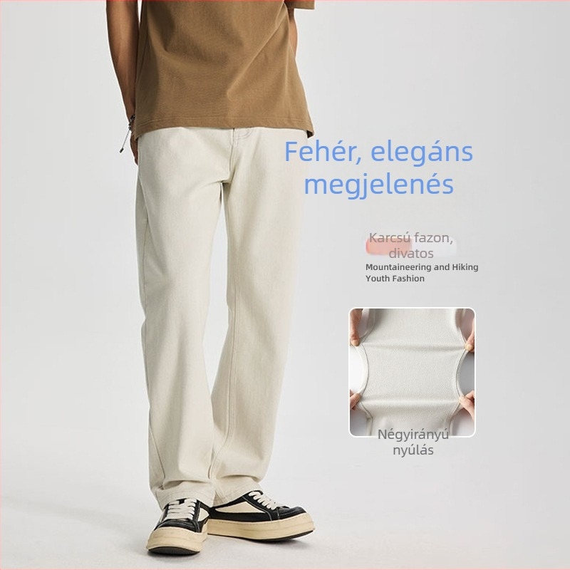Férfi off-white farmernadrág denim anyagból, négyszeres elasztikusság, amerikai stílusú street fashion, egyenes szabású hosszú nadrág