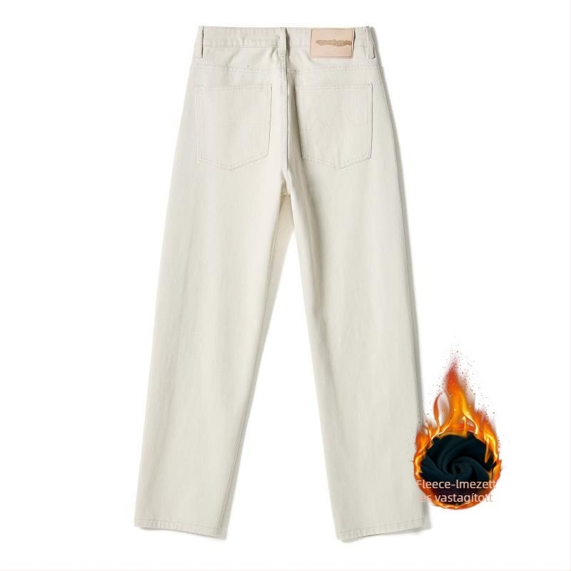 Férfi off-white farmernadrág denim anyagból, négyszeres elasztikusság, amerikai stílusú street fashion, egyenes szabású hosszú nadrág