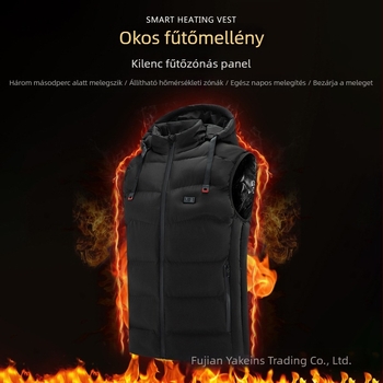 Melegített mellény kapucnival - kilenc-zónás grafén fűtés, kettős vezérlés, elöl cipzár, álló gallér