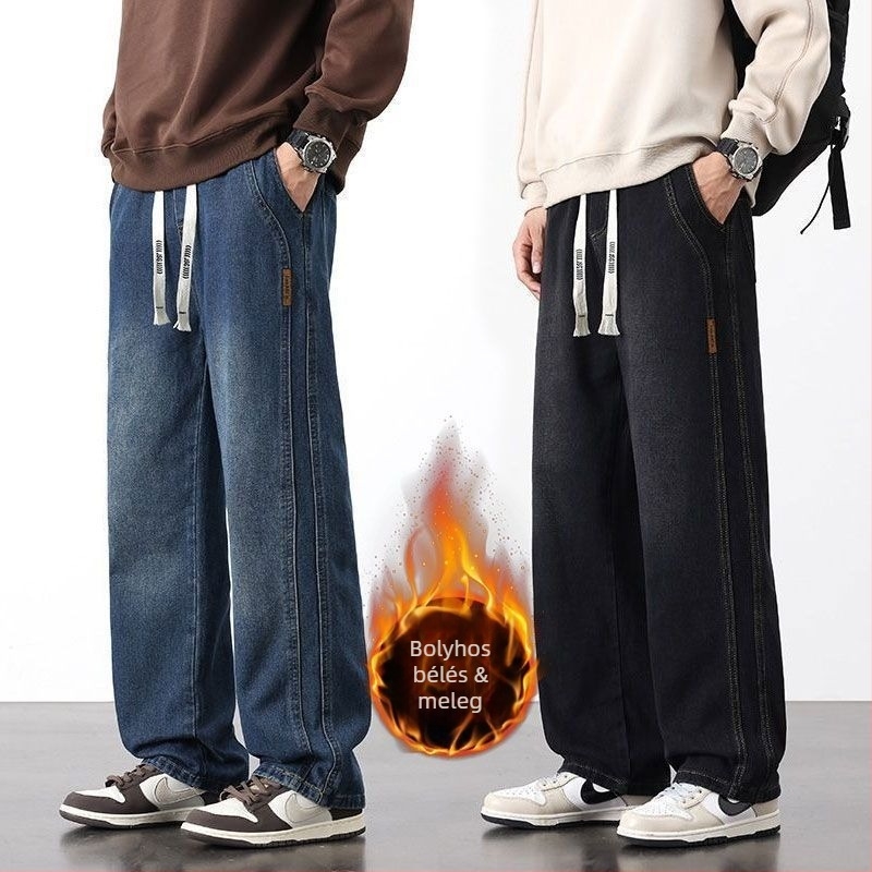 Férfi farmernadrág fleece béléssel, amerikai retro stílus, elasztikus derék, lazán szabott egyenes szár, mosott hatású, hétköznapi viselet