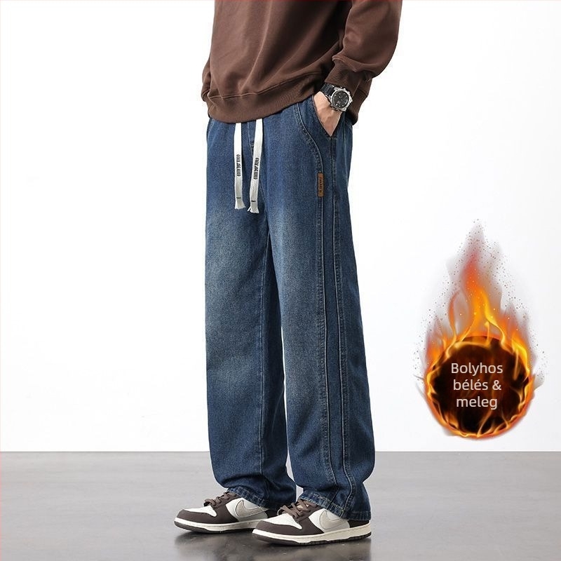 Férfi farmernadrág fleece béléssel, amerikai retro stílus, elasztikus derék, lazán szabott egyenes szár, mosott hatású, hétköznapi viselet