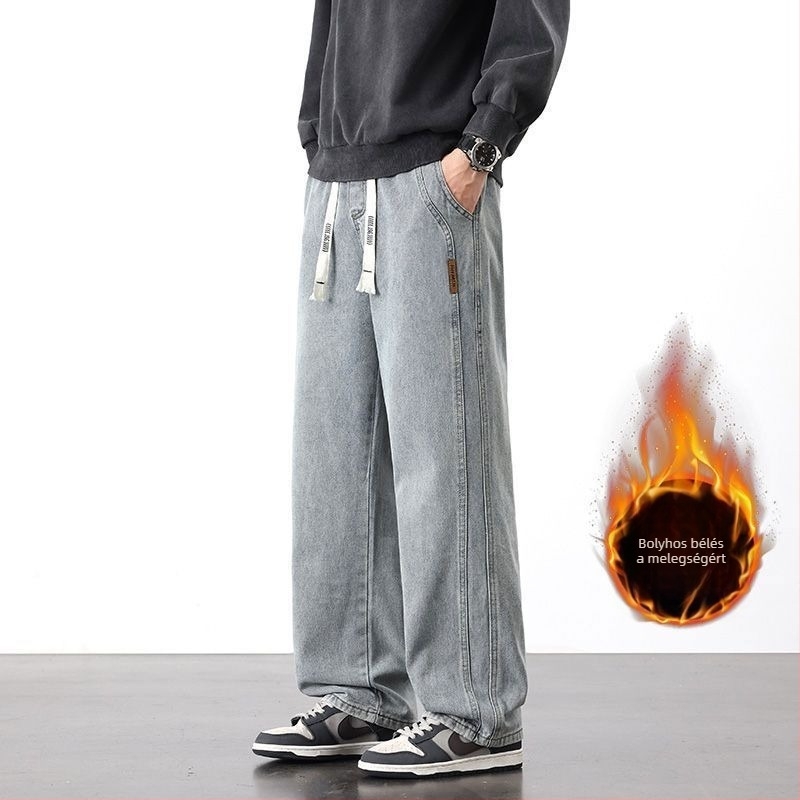 Férfi farmernadrág fleece béléssel, amerikai retro stílus, elasztikus derék, lazán szabott egyenes szár, mosott hatású, hétköznapi viselet