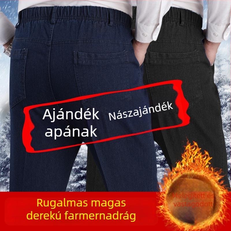 Flísz béléses farmernadrág, elasztikus derekú — magas derék, egyenes szabás, pamutból